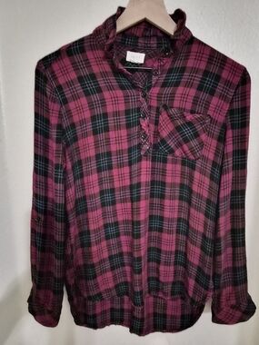 Women’s Burgundy and Black Plaid Button-Down Shirt